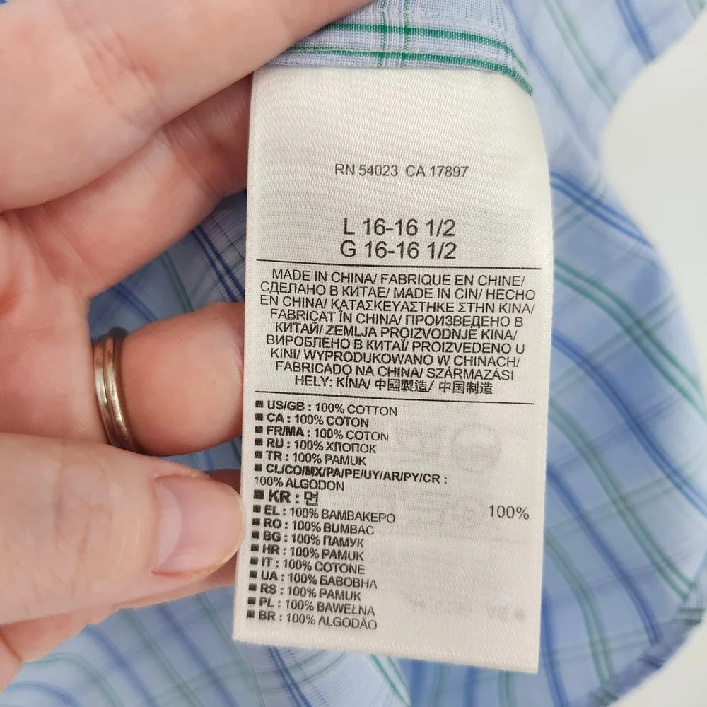 Banana Republic Mens Non Iron Slim Fit Dress Shirt Large Light‎ Blue Green Plaid